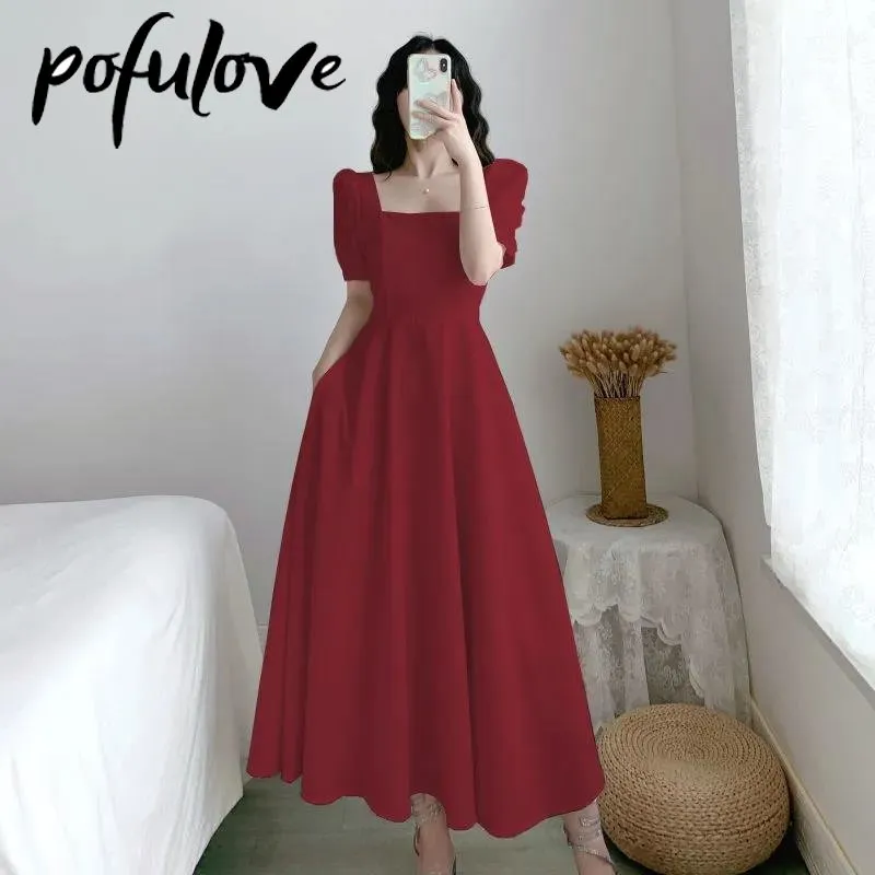 Women Plus Size Dress Puff Sleeve Square Collar White Hepburn Light Mature Slim Temperament Long Ankle Length A LINE Summer 2